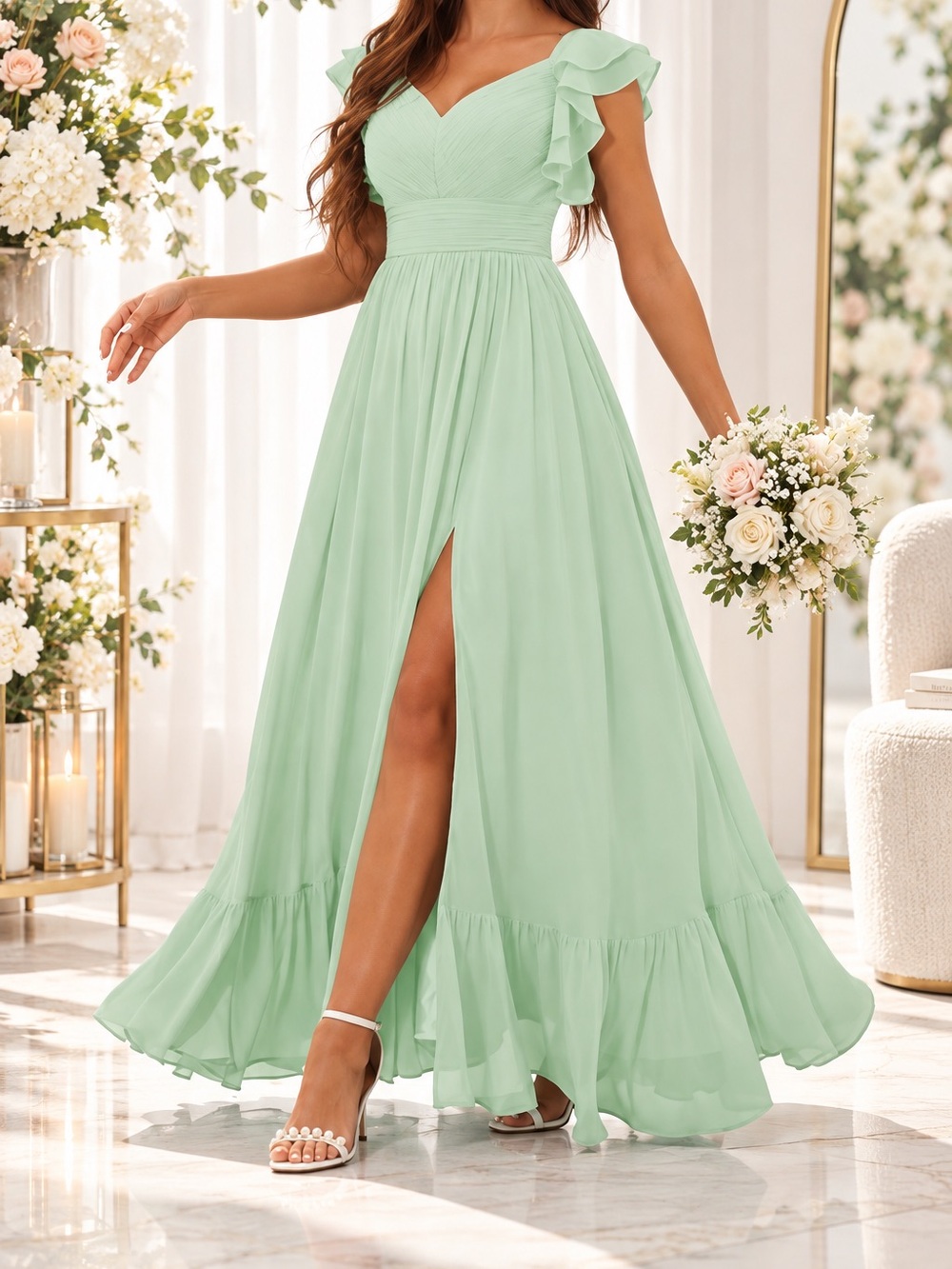 Women's Ruffle Sleeves Bridesmaid Dresses Long A Line Chiffon Formal Party Dress
